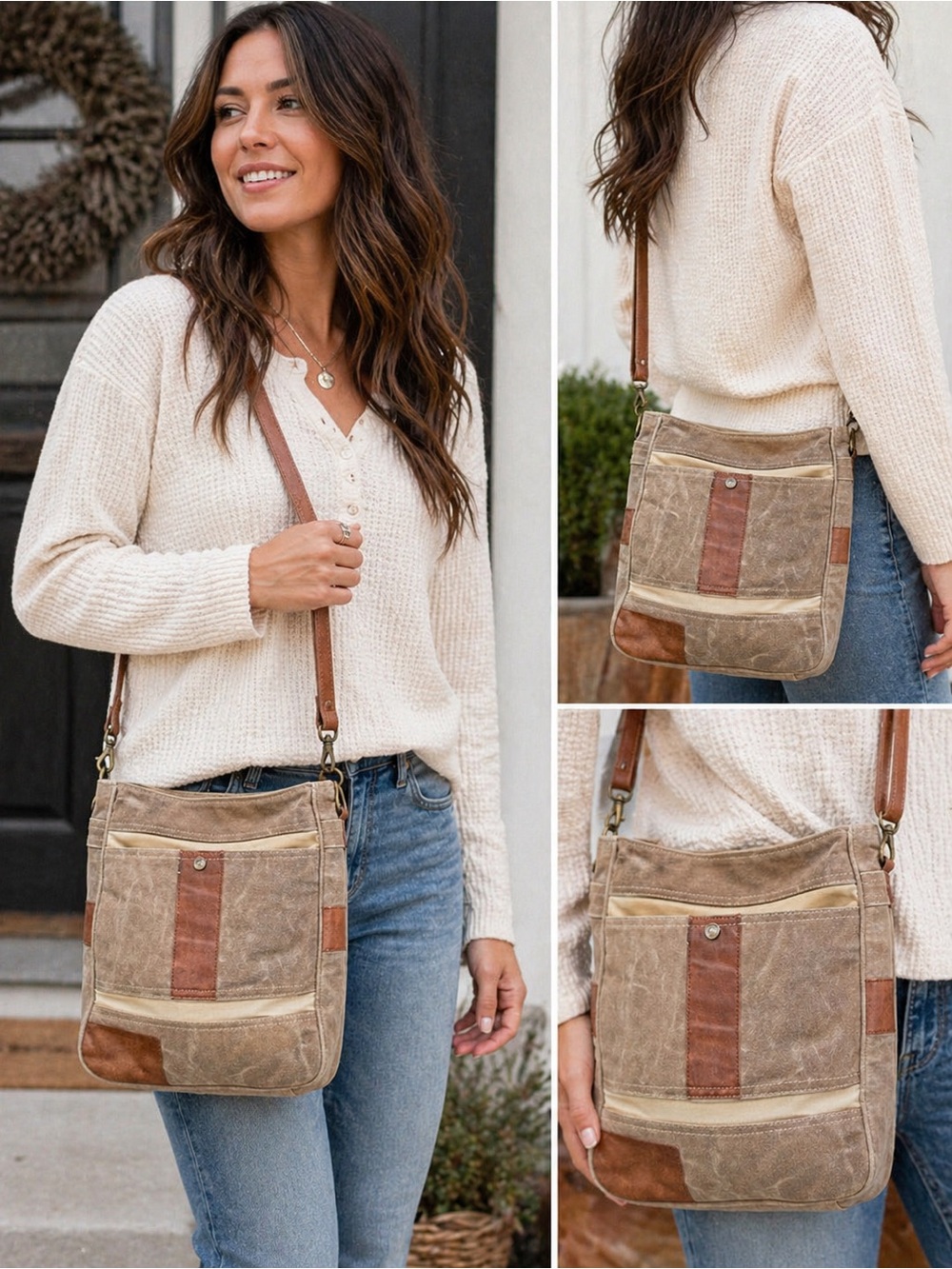 Mona B Waxed Canvas & Leather Crossbody Bag Tan Brown Rustic Boho Utility Bag